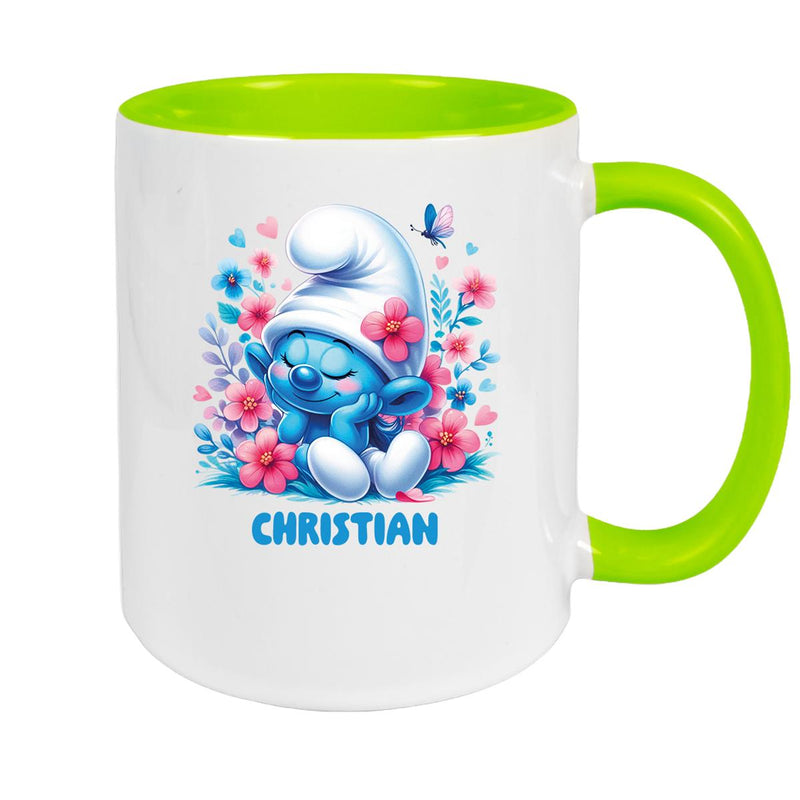 Tasse Kinder Schlumpf 1 mit Blumen Wunschname Keramik Kinderbecher personalisiert versch. Farben