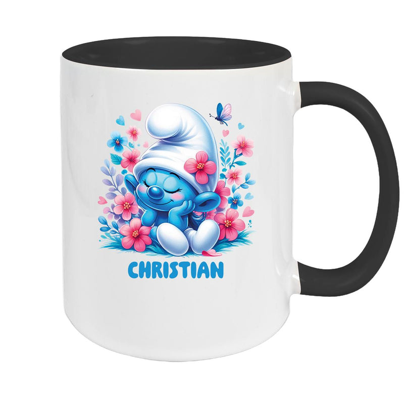 Tasse Kinder Schlumpf 1 mit Blumen Wunschname Keramik Kinderbecher personalisiert versch. Farben