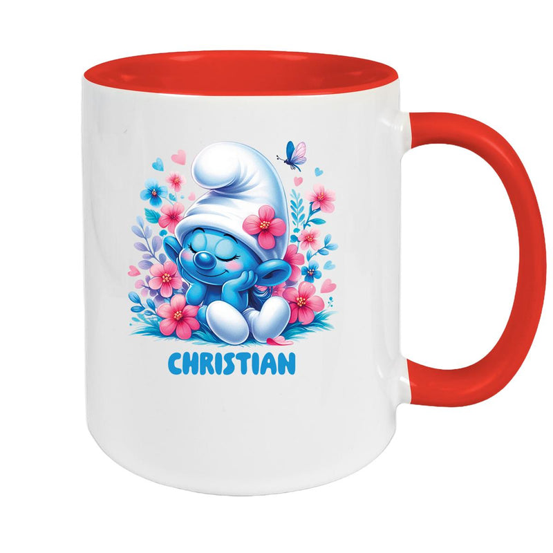 Tasse Kinder Schlumpf 1 mit Blumen Wunschname Keramik Kinderbecher personalisiert versch. Farben