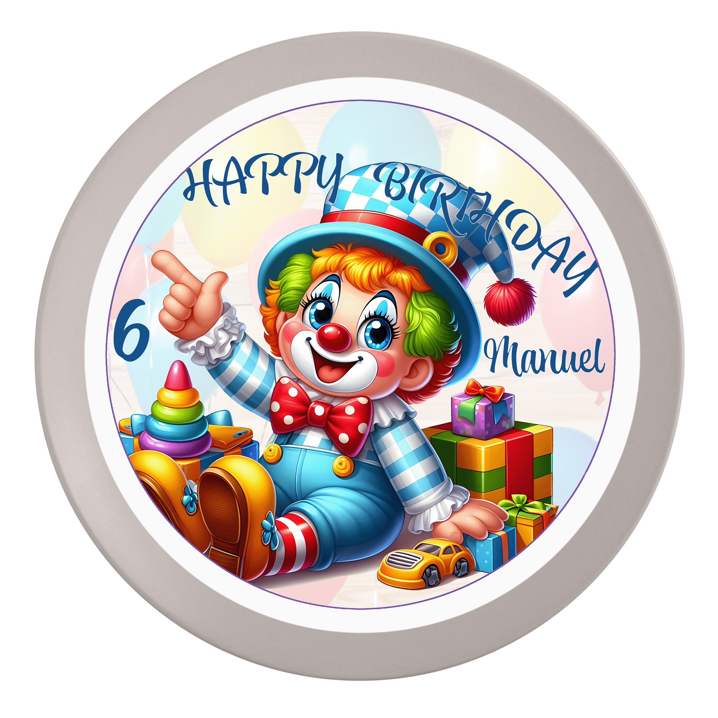 Tortenaufleger Geburtstag Clown-Party 2 Name & Zahl (20cm) Fondant Papier