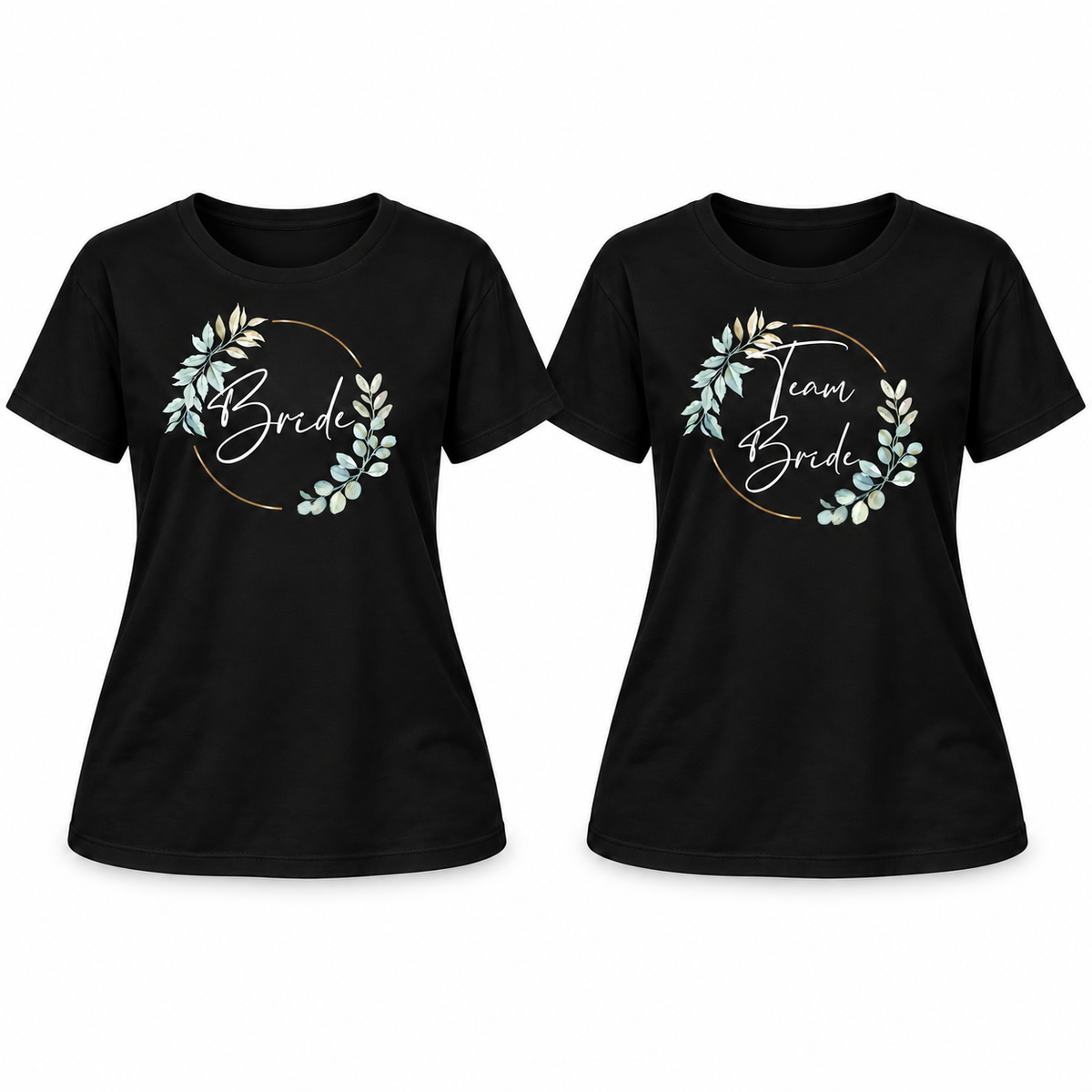 MUCKKI-PRO:92dba58cfbdabe73dd357bbd833b58943635d6a824a8997b207fb77f841f6a50:T-Shirt Bride & Team-Bride 02-Eukalyptus – Damen-Shirt für den Junggesellinnenabschied – Bride / Schwarz / S