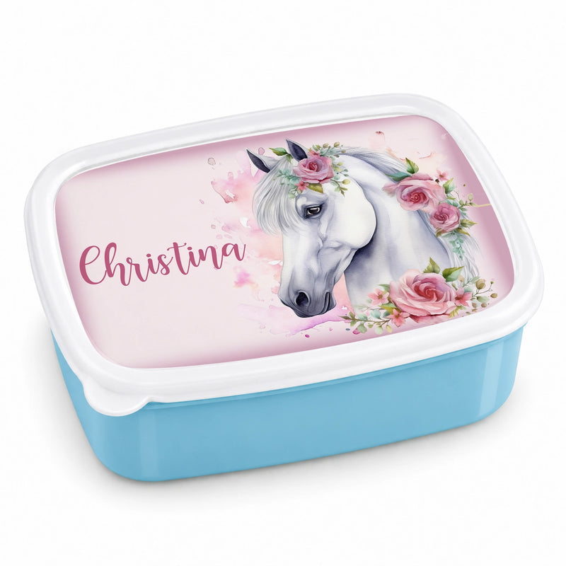 Brotdose mit Namen Pferd 01 – Personalisierte Lunchbox für Schule & Kindergarten versch. Farben