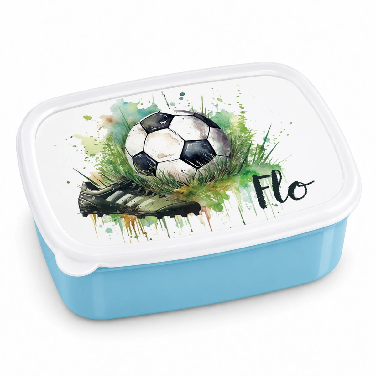 MUCKKI-PRO:1edde9a8224b93fa0e18976a657dccf8cc0fcde0b45fe1d1897de978f143156f:Brotdose mit Namen Fußball 04 – Personalisierte Lunchbox für Schule & Kindergarten versch. Farben – Blau