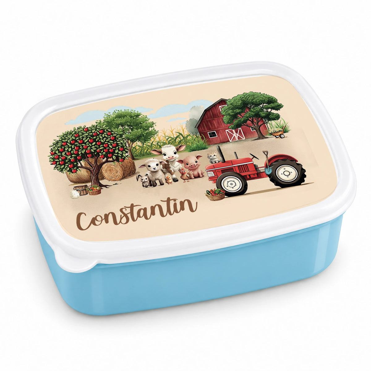 MUCKKI-PRO:0cba14b66c7e6a1a5b1aedfecade9d1072e79aae4f6fd87d3f0d6373d076b2e5:Brotdose mit Namen Bauernhof 01 – Personalisierte Lunchbox für Schule & Kindergarten versch. Farben – Blau