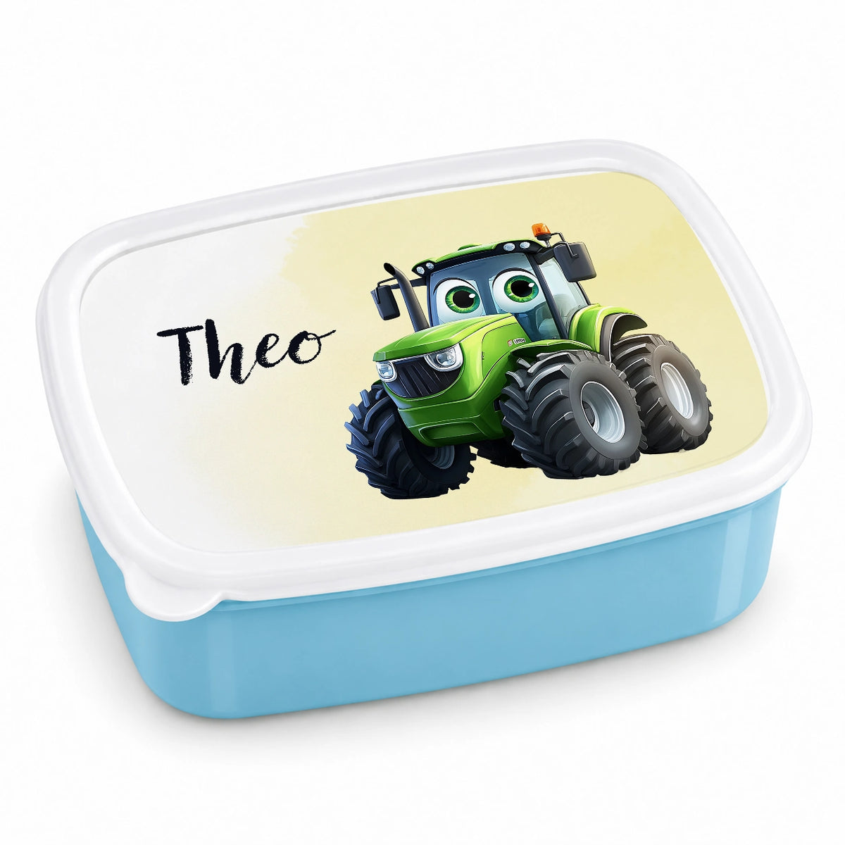 MUCKKI-PRO:a5ed6b87ea10f52ab805e946bdffff82ae3903bee805669144e7a2c0f190d38b:Brotdose mit Namen Traktor 02 – Personalisierte Lunchbox für Schule & Kindergarten versch. Farben – Blau