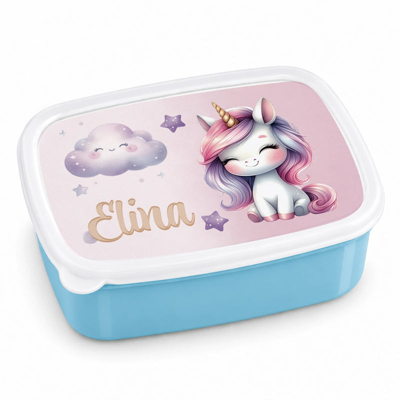 Brotdose mit Namen Einhorn 01 – Personalisierte Lunchbox für Schule & Kindergarten versch. Farben