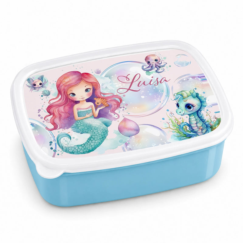 Brotdose mit Namen Meerjungfrau 01 – Personalisierte Lunchbox für Schule & Kindergarten versch. Farben