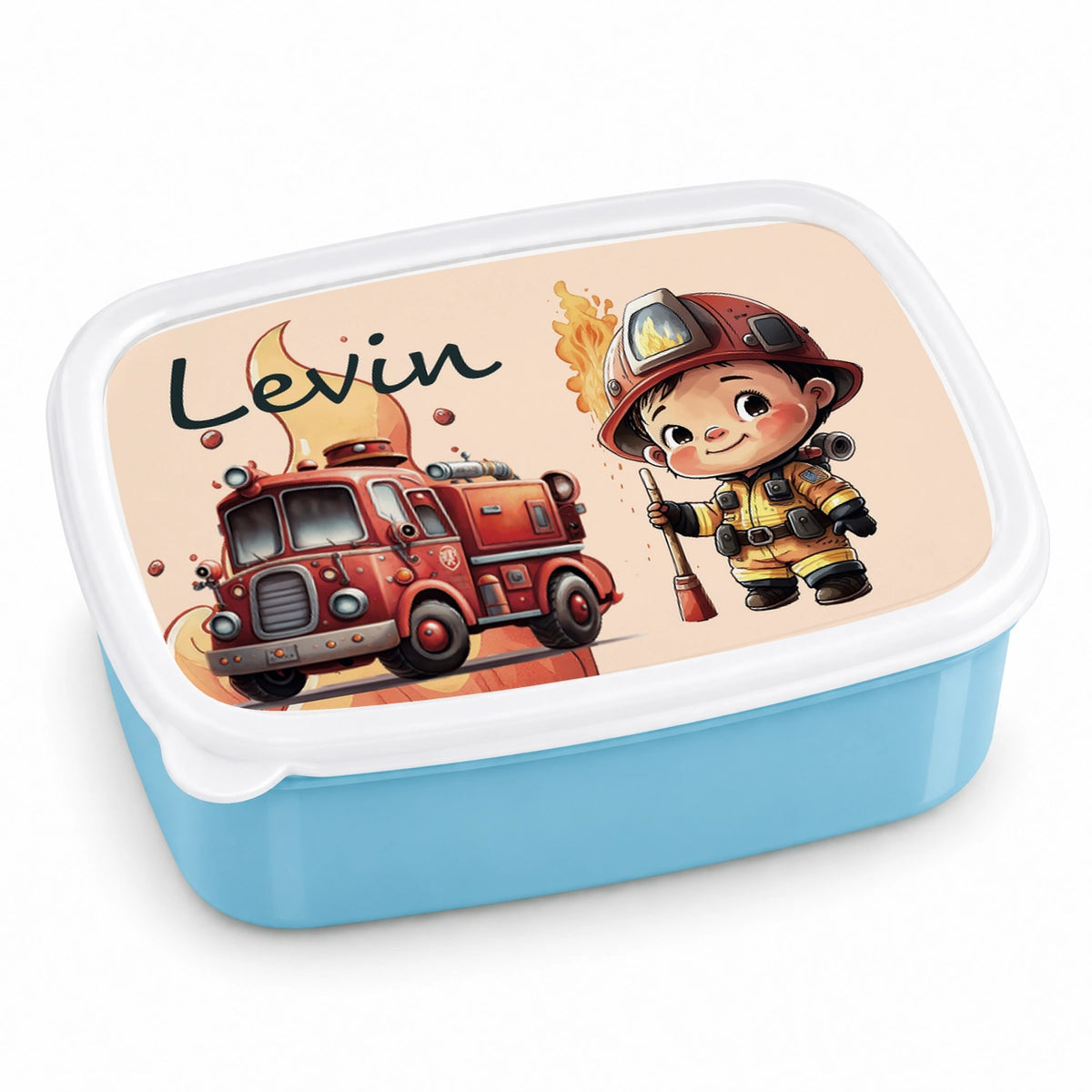 MUCKKI-PRO:0f48ec6e762a7bec3885b0e00803f8b2f834dac6e1d4762f774f31d2d9dc09d5:Brotdose mit Namen Feuerwehr 01 – Personalisierte Lunchbox für Schule & Kindergarten versch. Farben – Blau