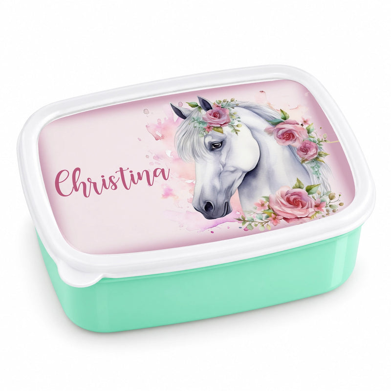 Brotdose mit Namen Pferd 01 – Personalisierte Lunchbox für Schule & Kindergarten versch. Farben