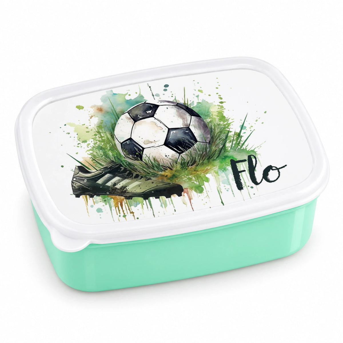 MUCKKI-PRO:cdb1d81e2052df1866b37212c4f8f93458bd4cf61db1726f13d90f89e9d44244:Brotdose mit Namen Fußball 04 – Personalisierte Lunchbox für Schule & Kindergarten versch. Farben – Grün