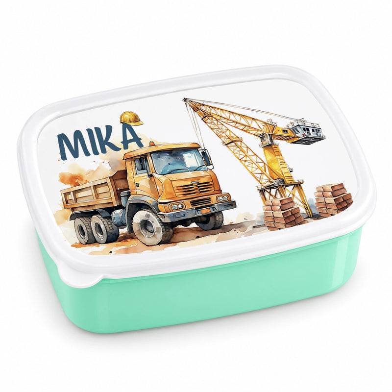 Brotdose mit Namen Baufahrzeuge 01 – Personalisierte Lunchbox für Schule & Kindergarten versch. Farben