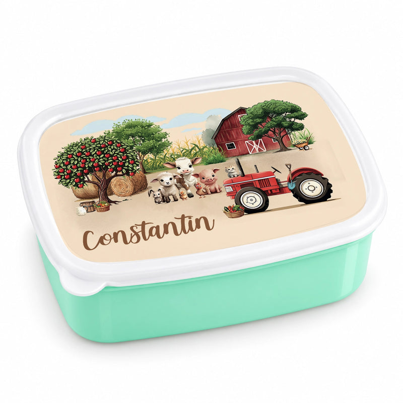 Brotdose mit Namen Bauernhof 01 – Personalisierte Lunchbox für Schule & Kindergarten versch. Farben
