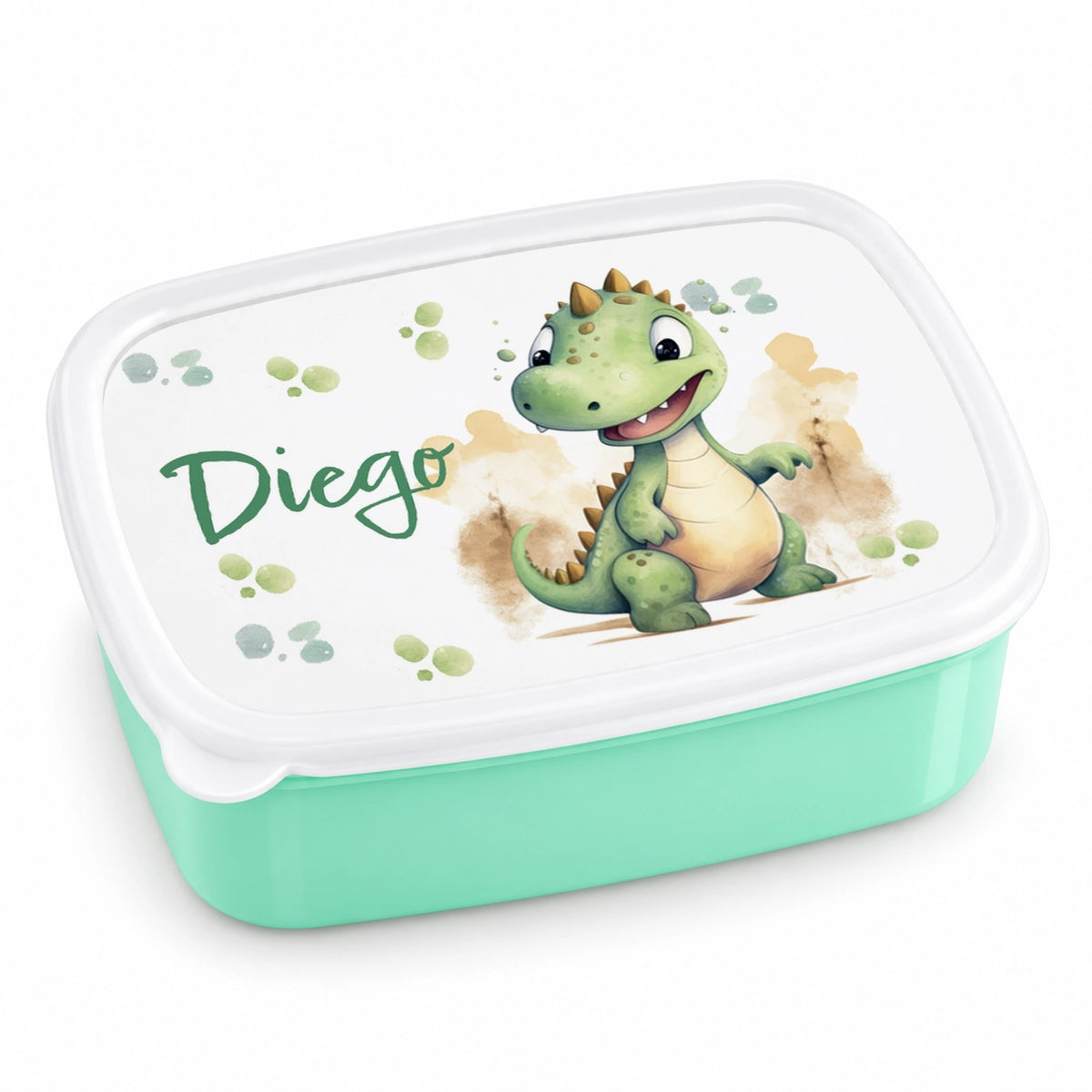 MUCKKI-PRO:0ef0ace146567cdcf34bcf18b036c7f8d731a604933e04ec2102fd676d4341e8:Brotdose mit Namen Dino 01 – Personalisierte Lunchbox für Schule & Kindergarten versch. Farben – Grün