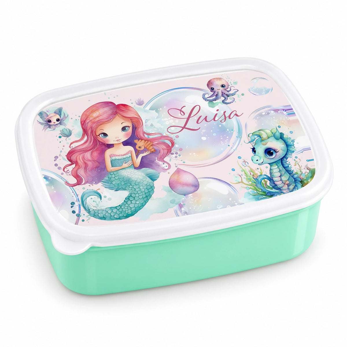 Brotdose mit Namen Meerjungfrau 01 – Personalisierte Lunchbox für Schule & Kindergarten versch. Farben