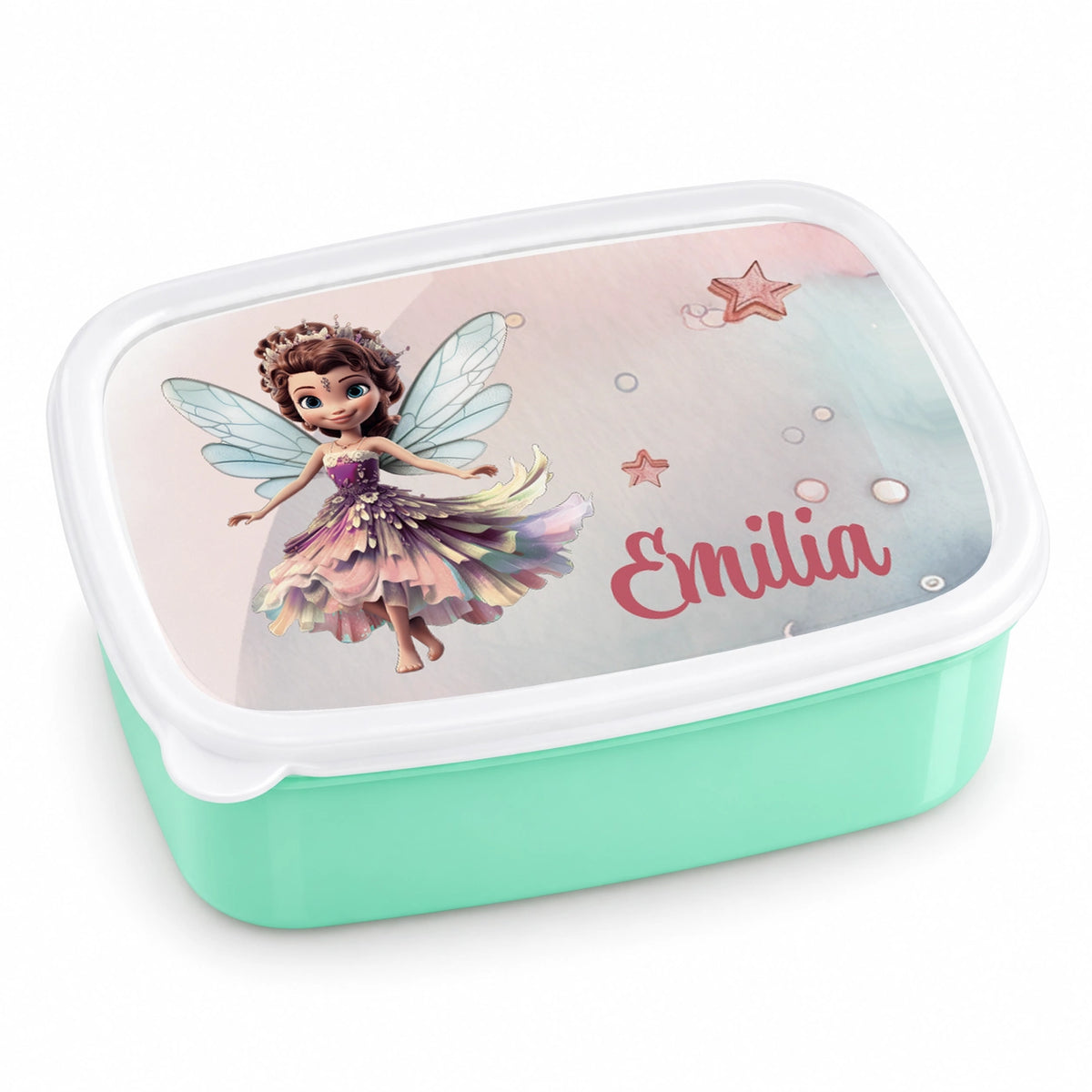 MUCKKI-PRO:f171684089ba1717a09acb3236571a3483631c1d17ff44a12e098edaf8caf163:Brotdose mit Namen Fee 01 – Personalisierte Lunchbox für Schule & Kindergarten versch. Farben – Grün