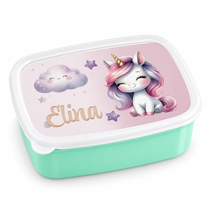 Brotdose mit Namen Einhorn 01 – Personalisierte Lunchbox für Schule & Kindergarten versch. Farben