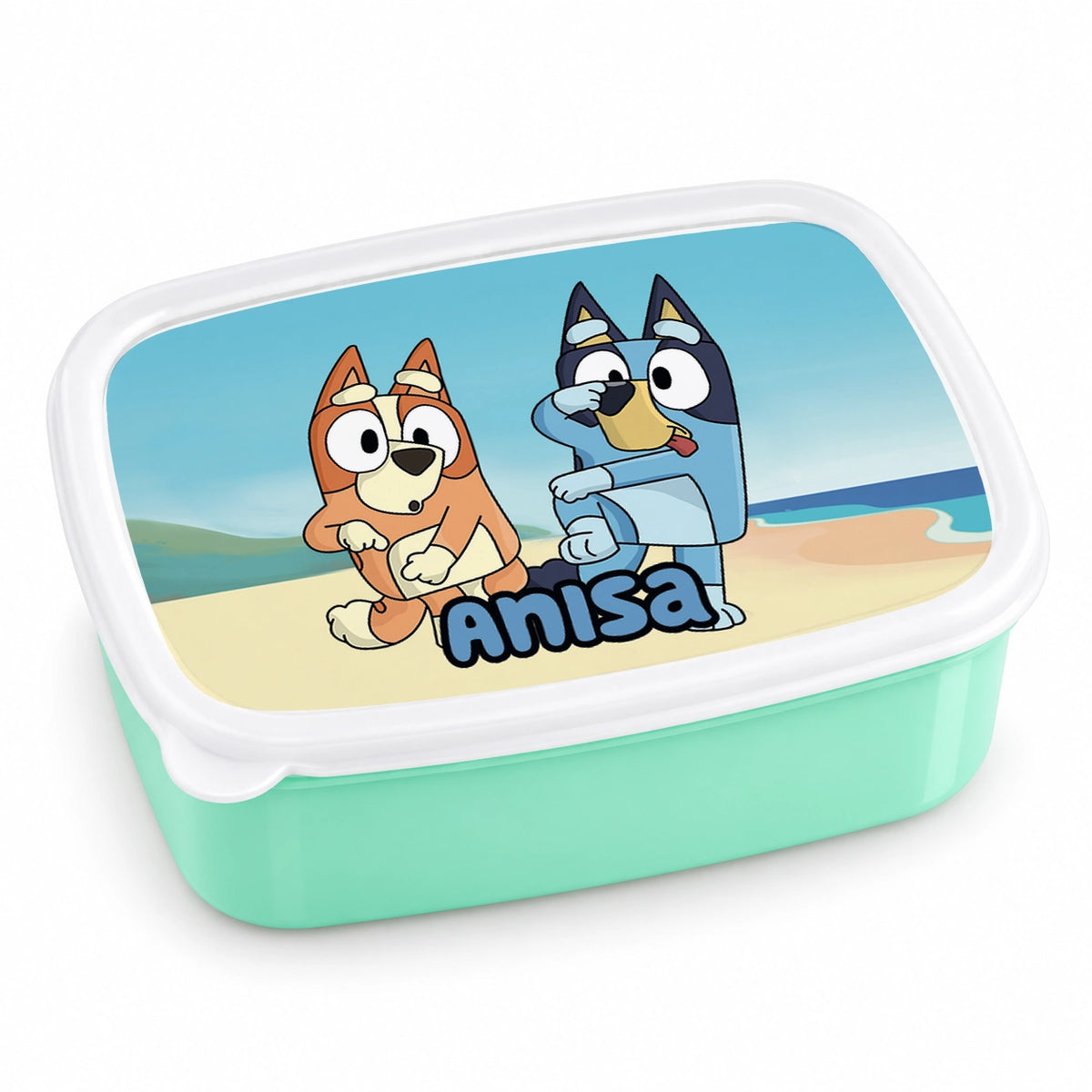 MUCKKI-PRO:6cc984304f172c4e2c94f1c33694ca3f69f55cb2dd410229d015ca9198d293a4:Brotdose mit Namen Bluey 03 – Personalisierte Lunchbox für Schule & Kindergarten versch. Farben – Grün