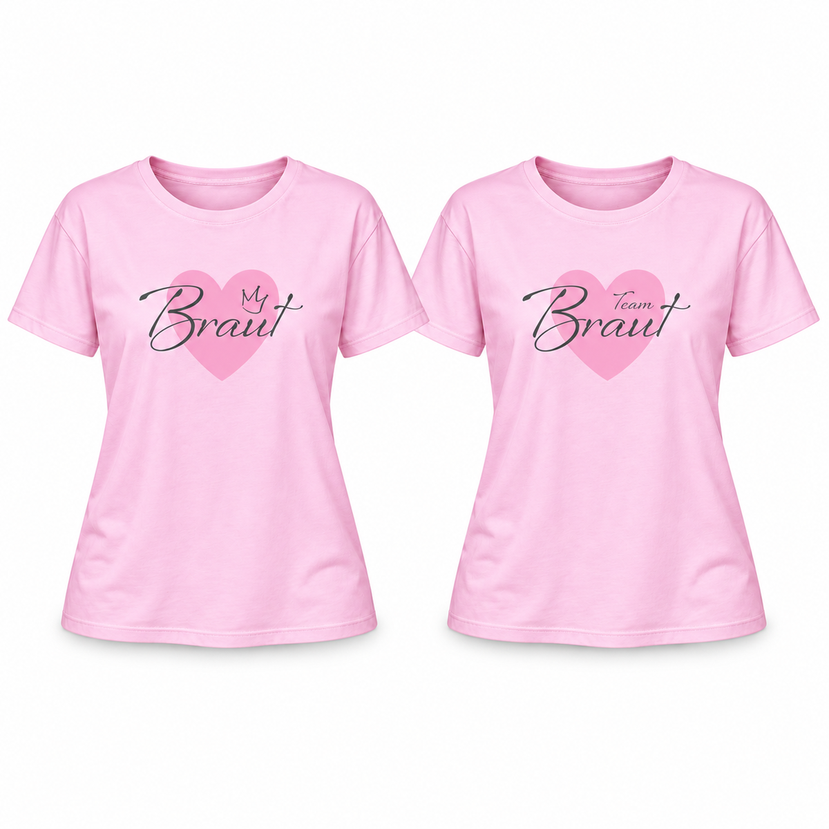 MUCKKI-PRO:025a7643e8799e55fefe49a5ed8049589b4f5b07d6a5f94a520ab1f3ff659dd7:T-Shirt Braut & Team-Braut 04 Herz Damen-Shirt für den Junggesellinnenabschied – Braut / Pink / S