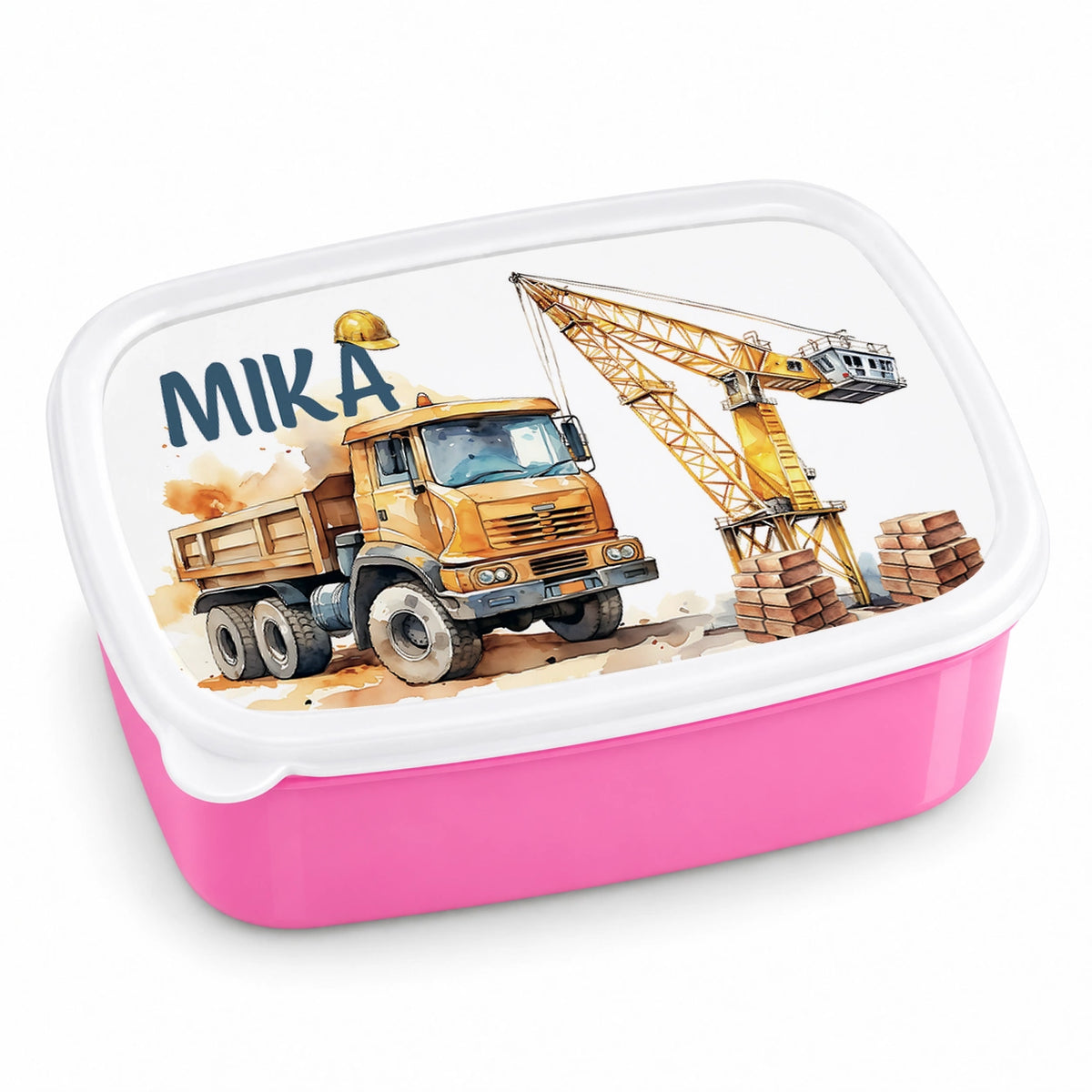 MUCKKI-PRO:d08f181042a5c293d6a66f7e457035bcd574c39f11dfe9e05b0791572c404884:Brotdose mit Namen Baufahrzeuge 01 – Personalisierte Lunchbox für Schule & Kindergarten versch. Farben – Pink