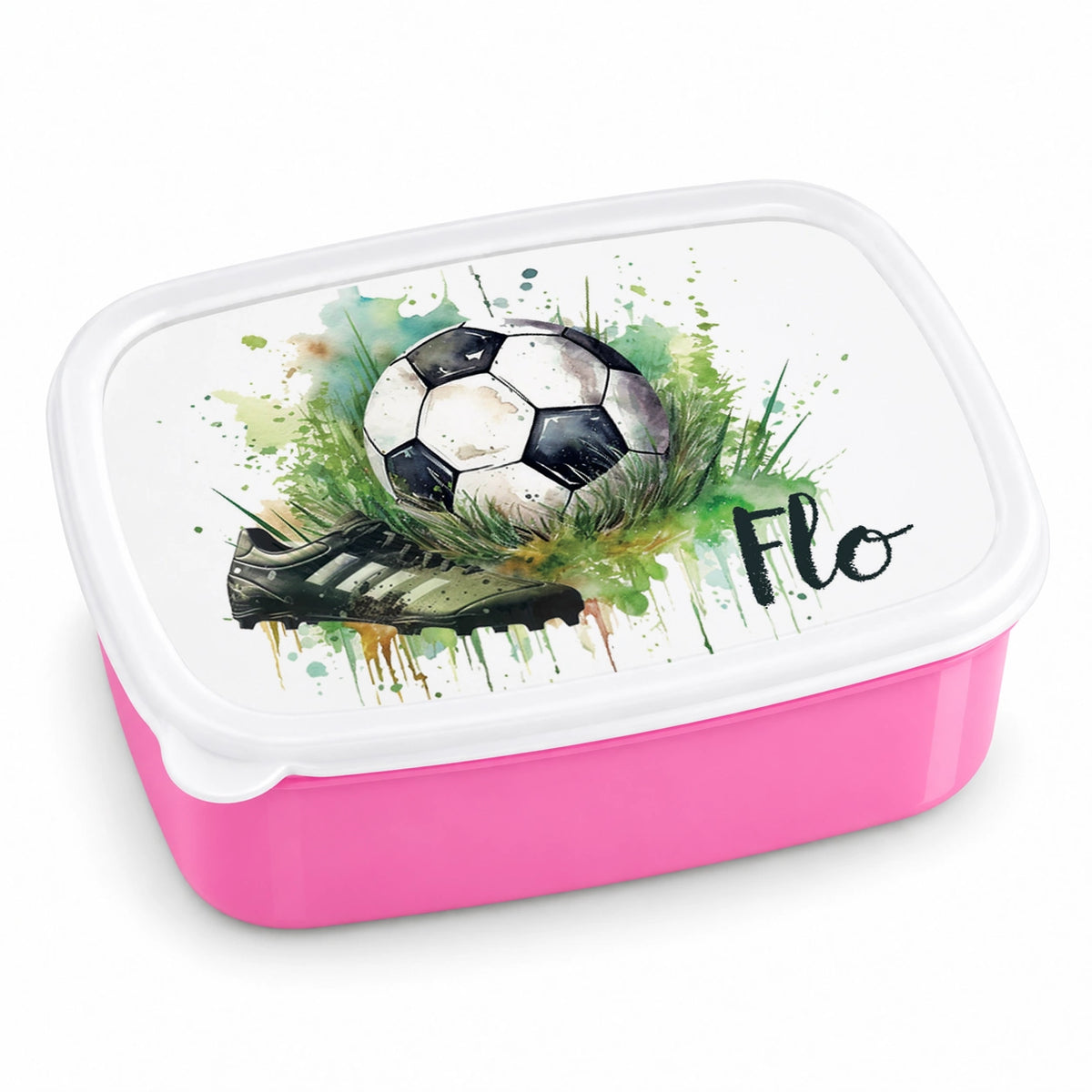 MUCKKI-PRO:e2098b7341ef4676fa3bc78d52d67d48cdd52ac6d5ce743f0984b82b892e2bbf:Brotdose mit Namen Fußball 04 – Personalisierte Lunchbox für Schule & Kindergarten versch. Farben – Pink