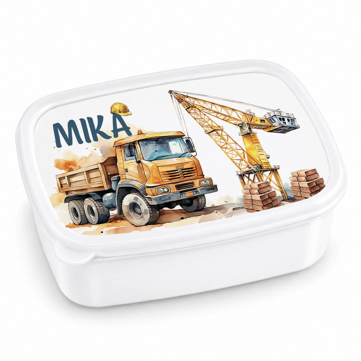 MUCKKI-PRO:fefa7e99830a5aa4ffcfcdd69bd663cb0e6081074eb4e0c681dedc5aea2db1bd:Brotdose mit Namen Baufahrzeuge 01 – Personalisierte Lunchbox für Schule & Kindergarten versch. Farben – Weiß