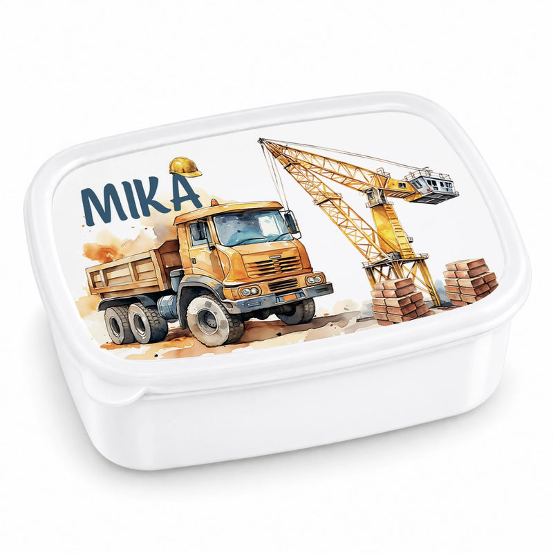 Brotdose mit Namen Baufahrzeuge 01 – Personalisierte Lunchbox für Schule & Kindergarten versch. Farben