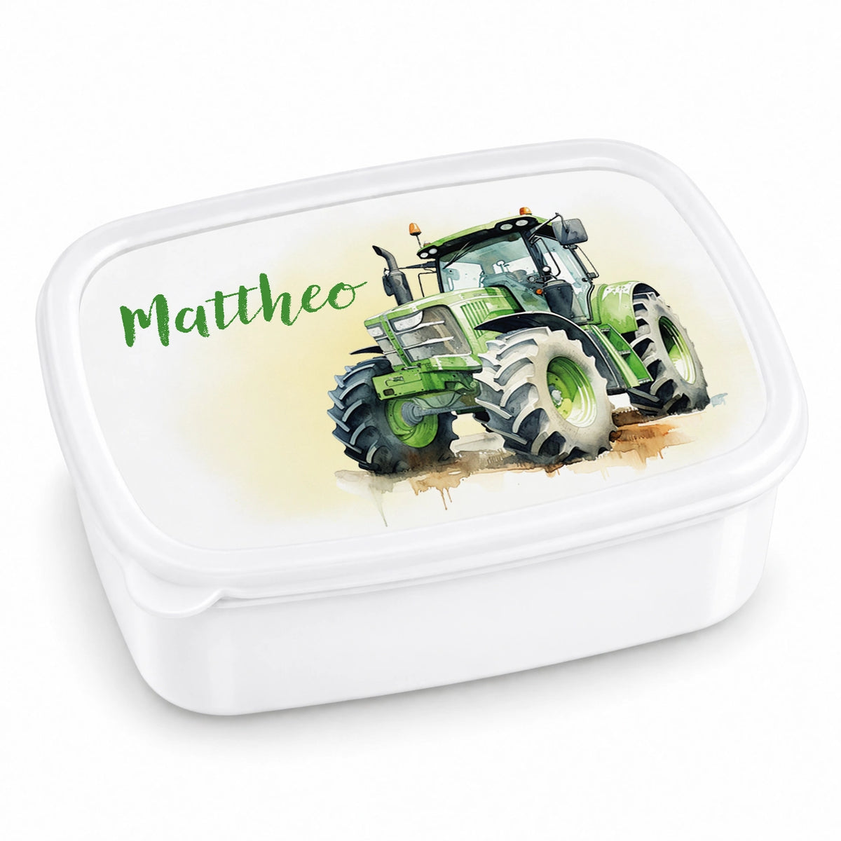 MUCKKI-PRO:60b2c2b402ed2cddb276048b297cfe10d37c9dacd38a3949e4209bff3d526896:Brotdose mit Namen Traktor 01 – Personalisierte Lunchbox für Schule & Kindergarten versch. Farben – Weiß