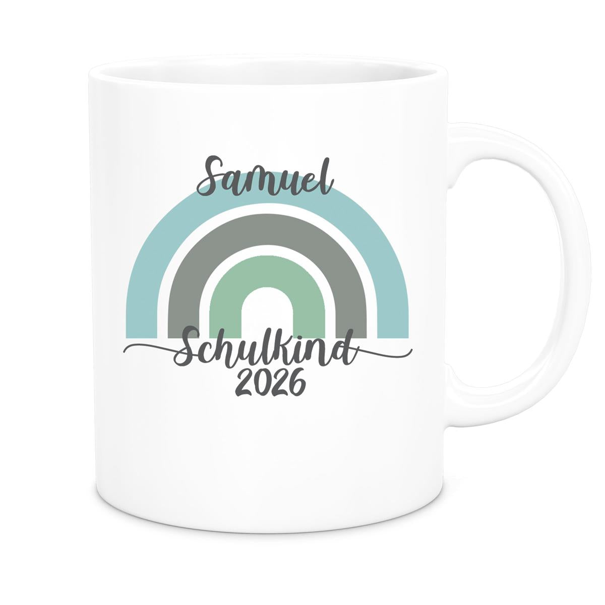 MUCKKI-PRO:390b4642092751217b439391a9f288ab90ae130da0ef055a8022191bea92a1bf:Tasse Schulkind 05 Wunschname Rainbow Keramik Kinderbecher Personalisiert versch. Farben