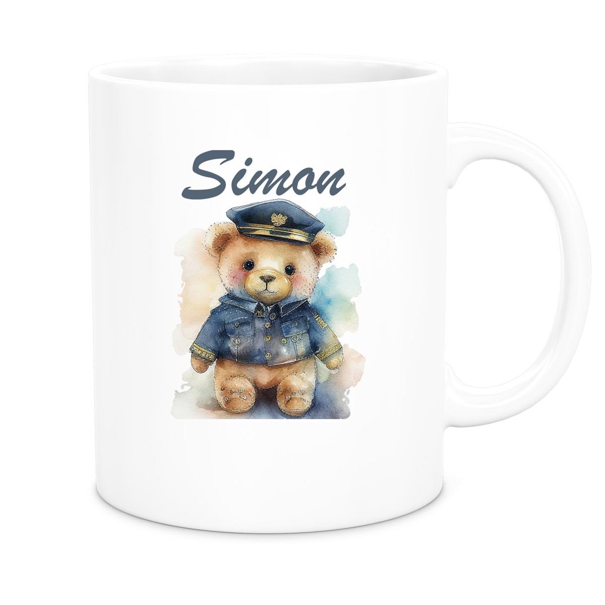MUCKKI-PRO:b501206bd4039f3a2bbf2c89d36e36d614dbef557a097cee36b5d627f9cf28c4:Tasse Polizei Teddy 1 Wunschname Keramik Kinderbecher personalisiert versch. Farben