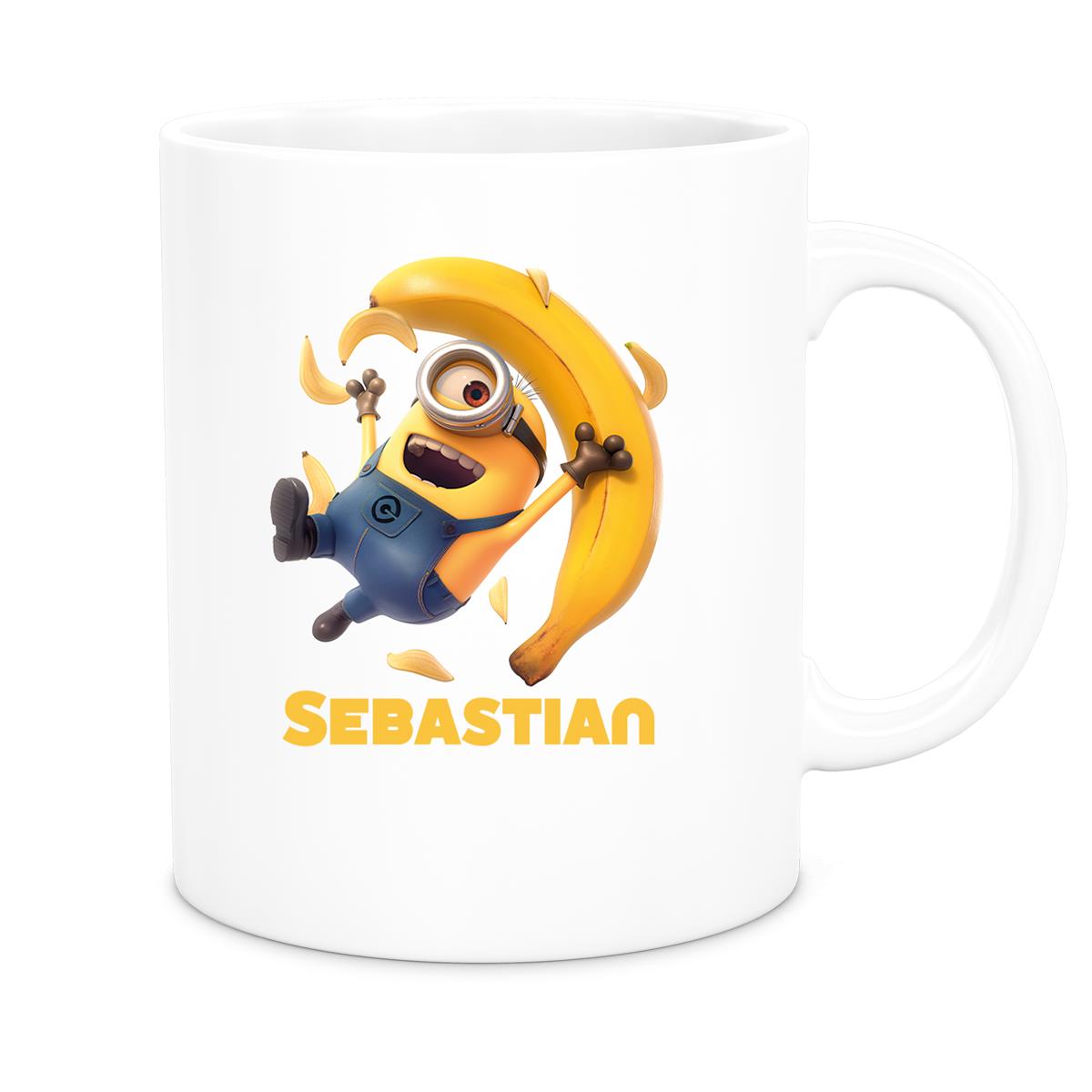 MUCKKI-PRO:903bc5dbaf7c47a3dbd401ed61fb3ee6490429e9f7fe25adbe1c0143b13e303a:Tasse Minions Kinder Minion 2 Banana Wunschname Keramik Kinderbecher personalisiert versch. Farben