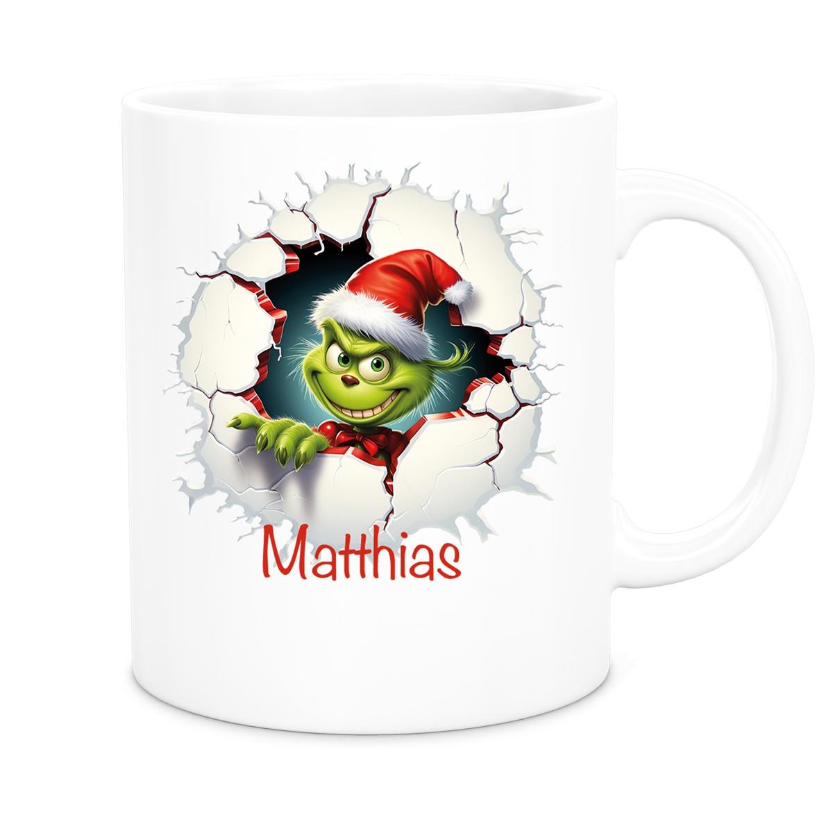 MUCKKI-PRO:447002b041a98ba5264b48a1fbd3c8b86a35b55368f3bb01d19c774de18bb39d:Tasse Wunschname Weihnachten Grinch 8 Keramik Kinderbecher versch. Farben