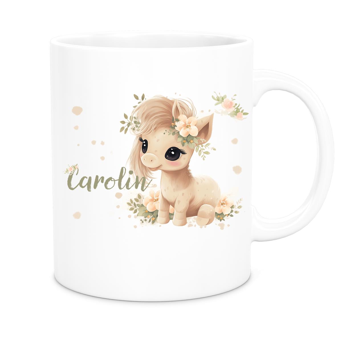 MUCKKI-PRO:7a7f999e87f12560dfdeaf651a3ee6a40ead003cd2dd85e9738a59fa88e5e5d2:Tasse Pferd 5 Wunschname Keramik Kinderbecher personalisiert versch. Farben