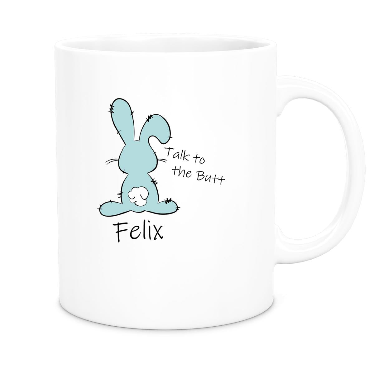 MUCKKI-PRO:11aa5ebb1582d3dc80503e480ef6a41e25b77244c91e48232ab8f6db4c22eb27:Tasse Ostern - Hase Talk to the Butt 2 Wunschnamen Keramik personalisiert versch. Farben