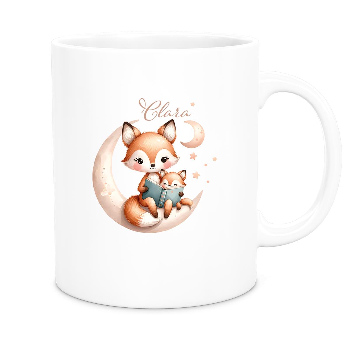 MUCKKI-PRO:03774d99802a2107406bc4ff73011215b993b4047e8df1f5421f9da829e51aba:Tasse Wunschname Fuchs 2 Keramik Kinderbecher versch. Farben