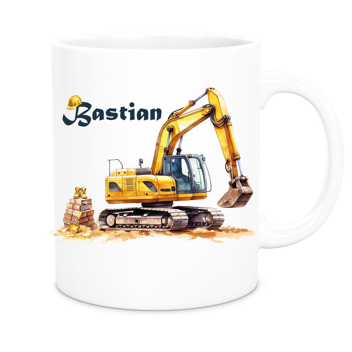 MUCKKI-PRO:278f5e4299a50f814a8dded20fbdd9a106a1fa96714cf393f794e05fd3e029bd:Tasse Wunschname Baustelle Bagger Keramik Kinderbecher versch. Farben
