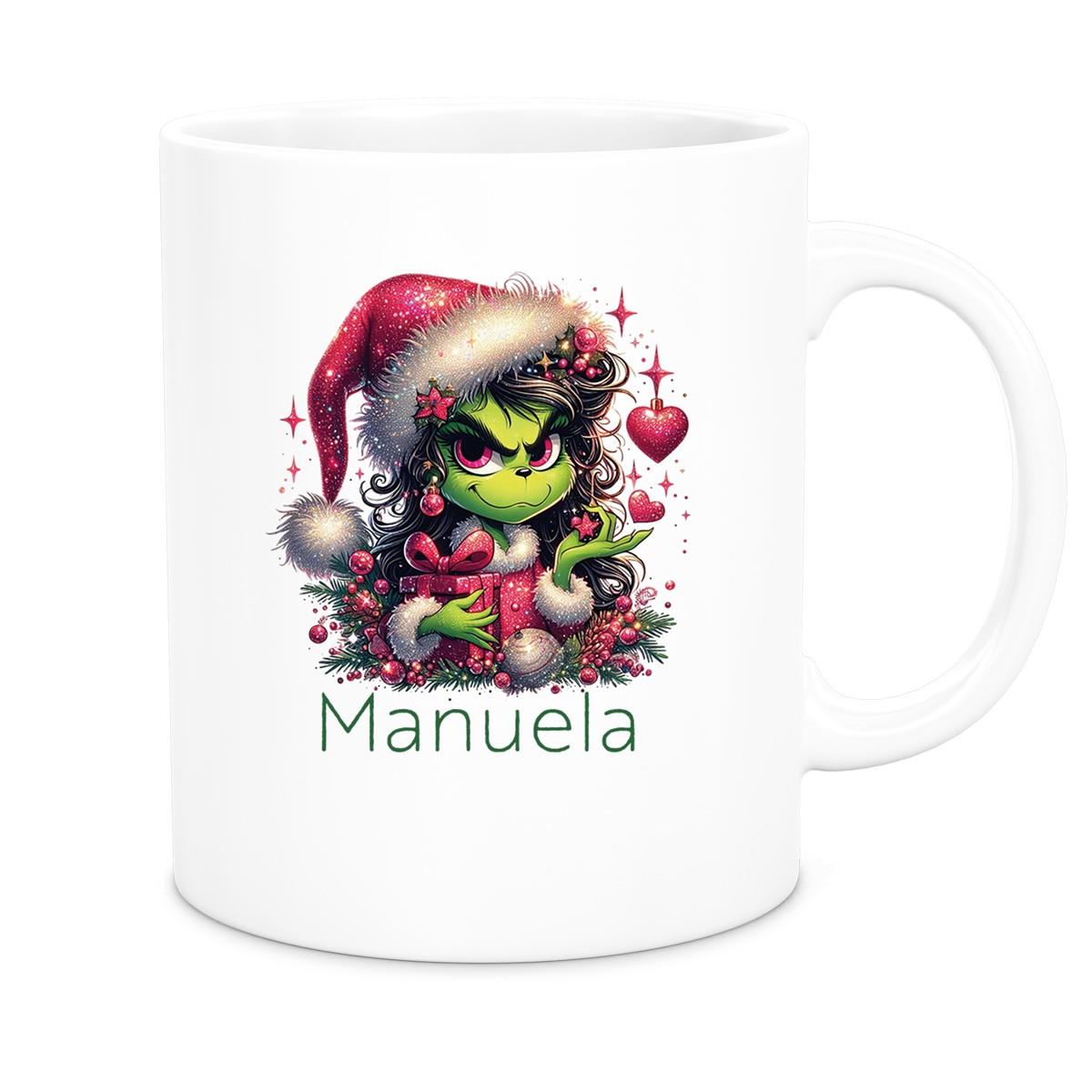MUCKKI-PRO:c4ed63f8f835a54243fd3ed3476033f958cc0224913565f02aecd49070b3ac4a:Tasse Wunschname Weihnachten Lady-Grinch 2 Keramik Kinderbecher versch. Farben