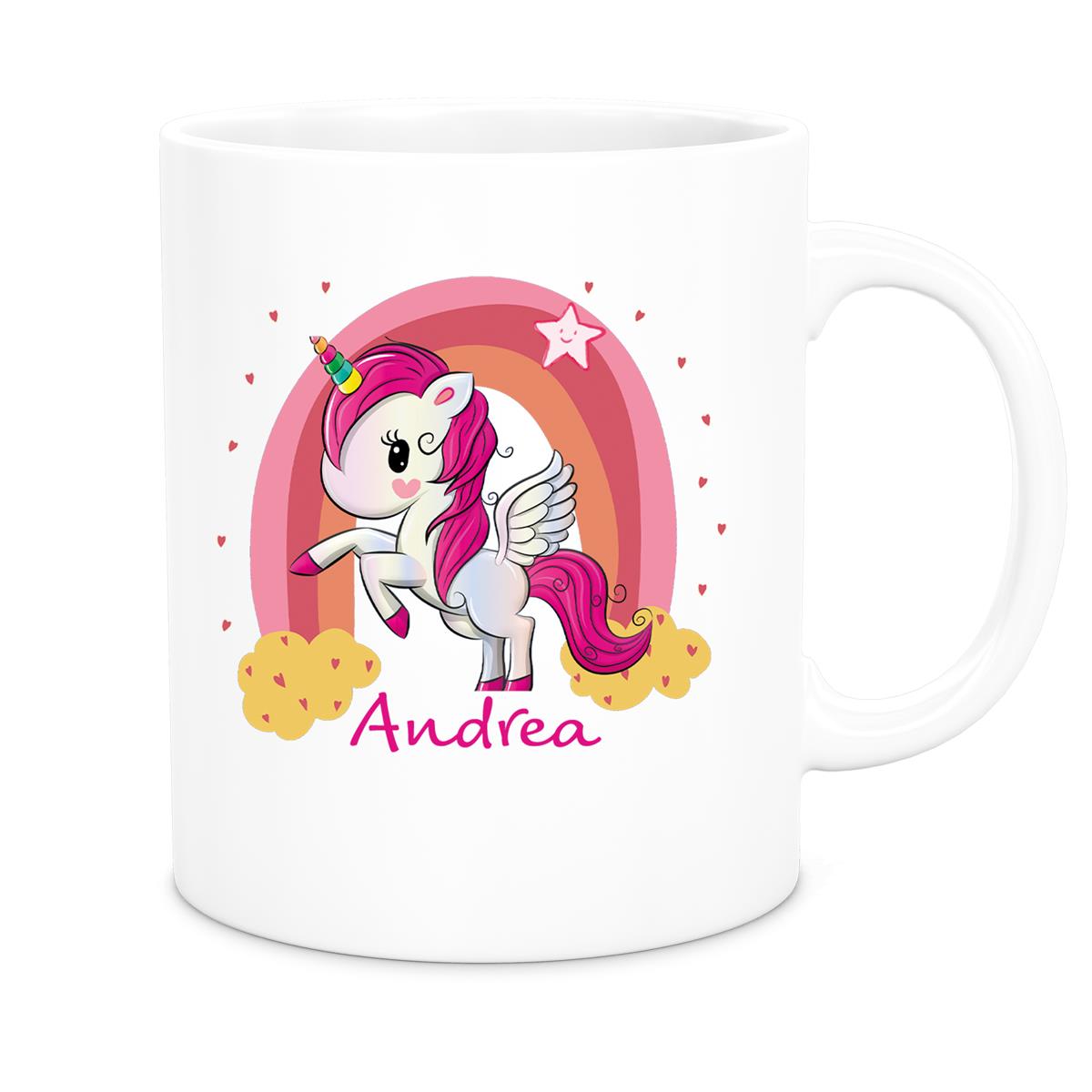 MUCKKI-PRO:6467199b8032e6e3437e39c61e59a5ce888c86cb99743eaf1ccceaf0e6bb143f:Tasse Wunschname Regenbogen-Einhorn Keramik Kinderbecher personalisiert versch. Farben