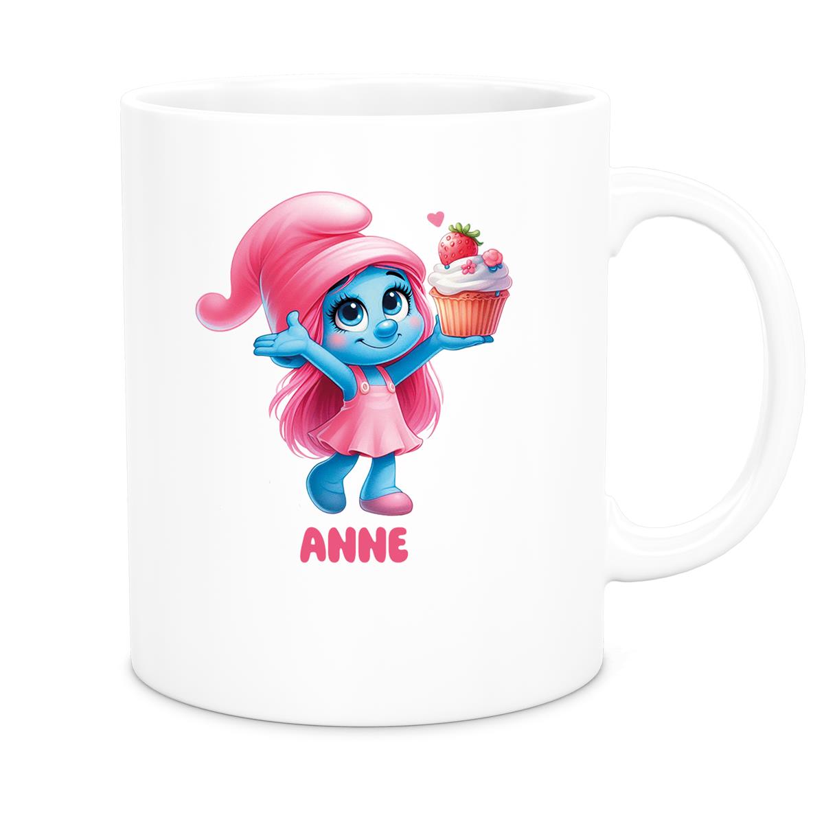 MUCKKI-PRO:07a874a36a3ae4a403a62d09871afd2ef7ebaaa4e6051e6a4ca5f0b2e1a0e38b:Tasse Kinder Schlumpf 2 mit Muffin Wunschname Keramik Kinderbecher personalisiert versch. Farben