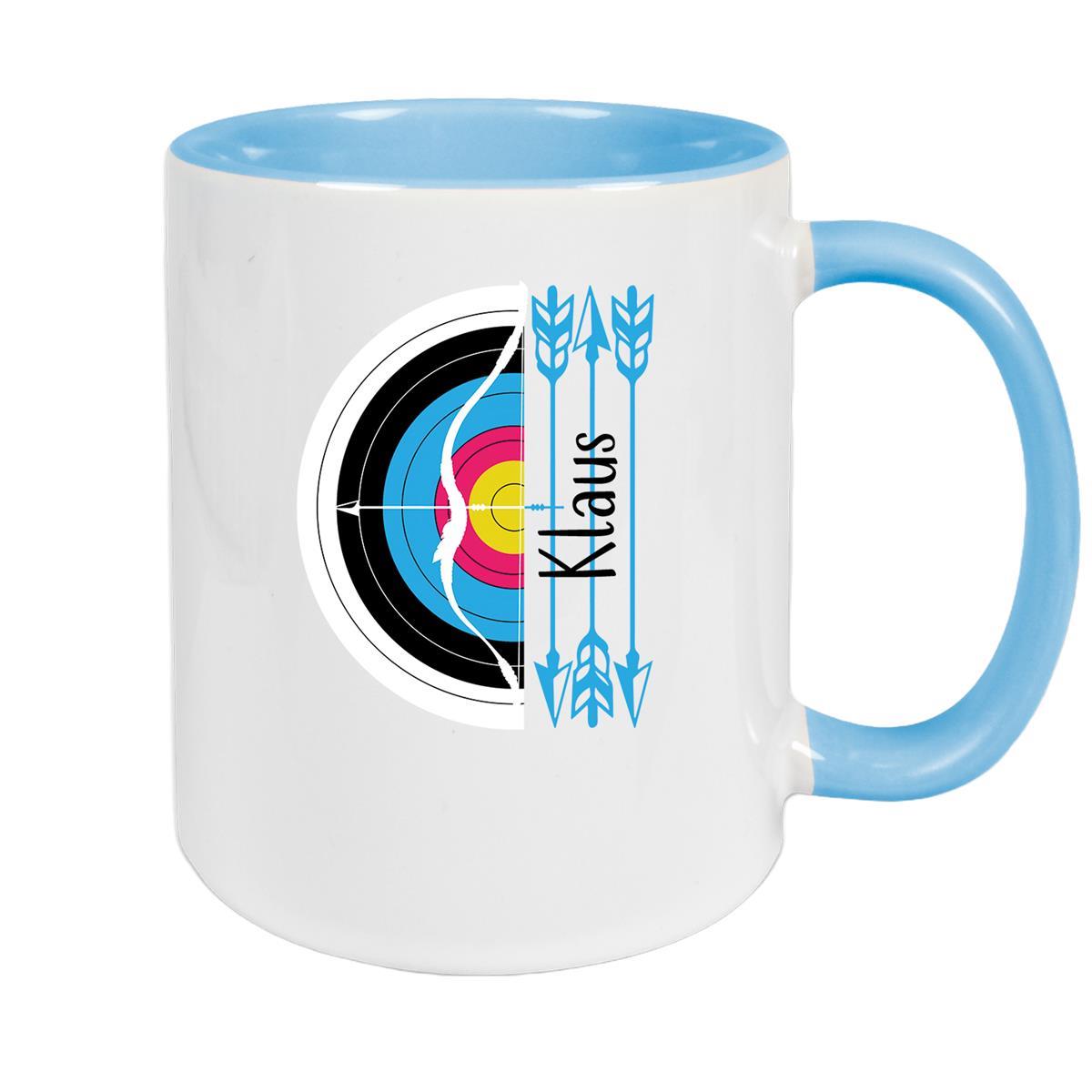 MUCKKI-PRO:637ce2fe9de850f768e6778c6c050dde6353267710bcc3d3db0e4a6a9fc7dcfb:Tasse Bogenschütze 5 Wunschname Keramik personalisiert – Hellblau