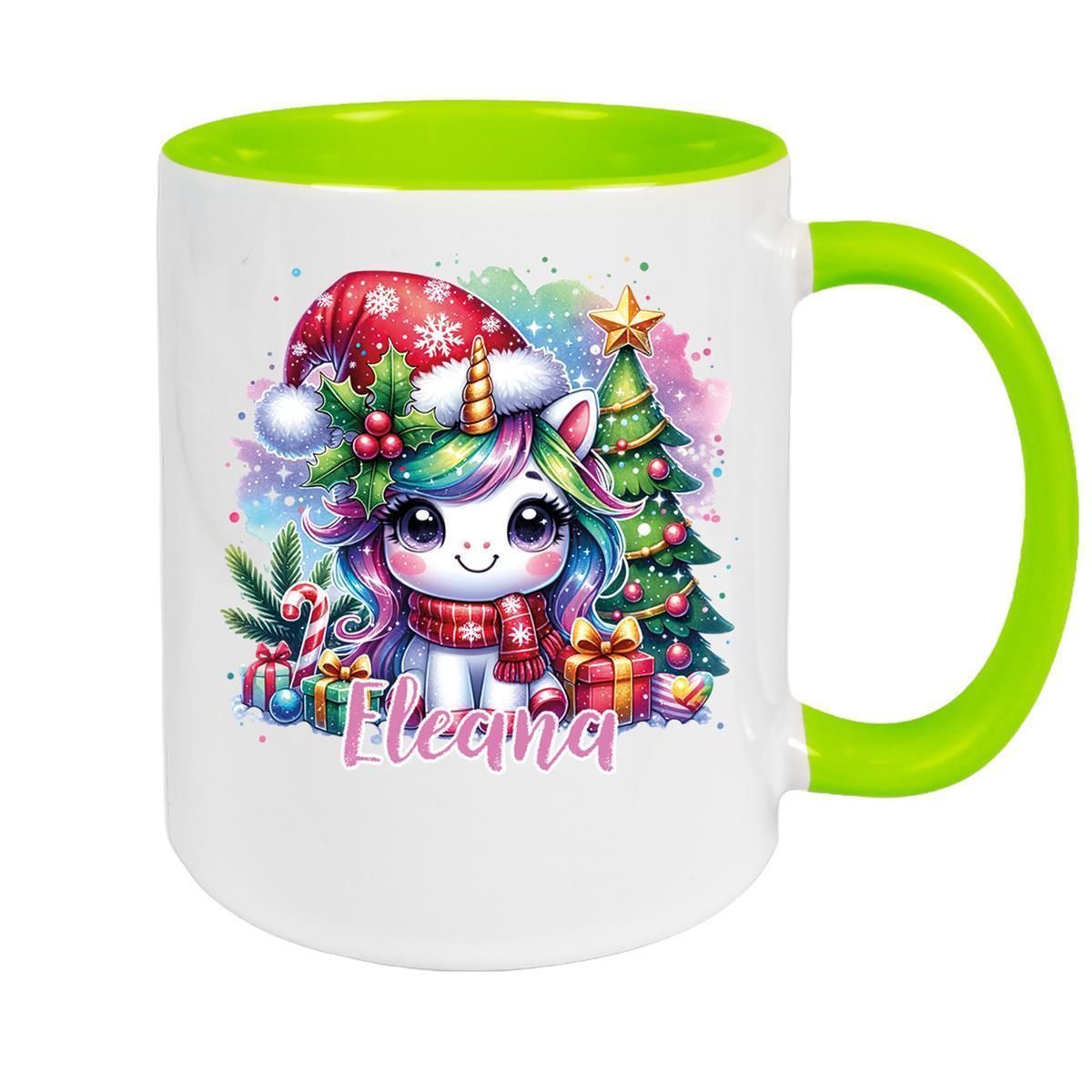 MUCKKI-PRO:5fcb6faa61f95df22c894e80c4a3fc43982aa1363b8f5f0629cc28f82dac8938:Tasse Wunschname Weihnachten Einhorn 1 Keramik Kinderbecher – Grün
