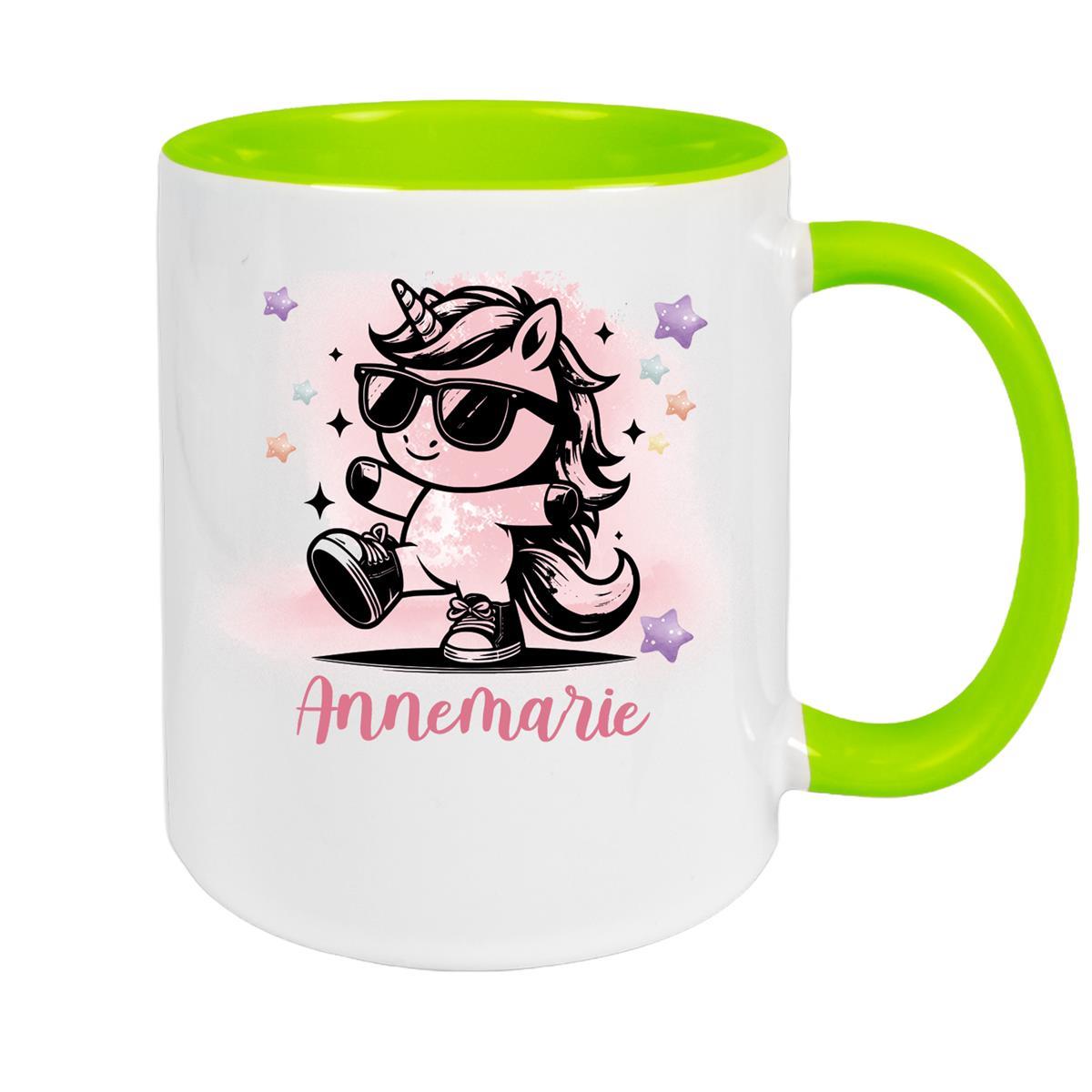 MUCKKI-PRO:8dd5fd3199c2cddf5ce2aadfd46d0a2595037c028fd6480d4ff64c230f931cfa:Tasse Wunschname Einhorn 11 Keramik Kinderbecher personalisiert – Grün