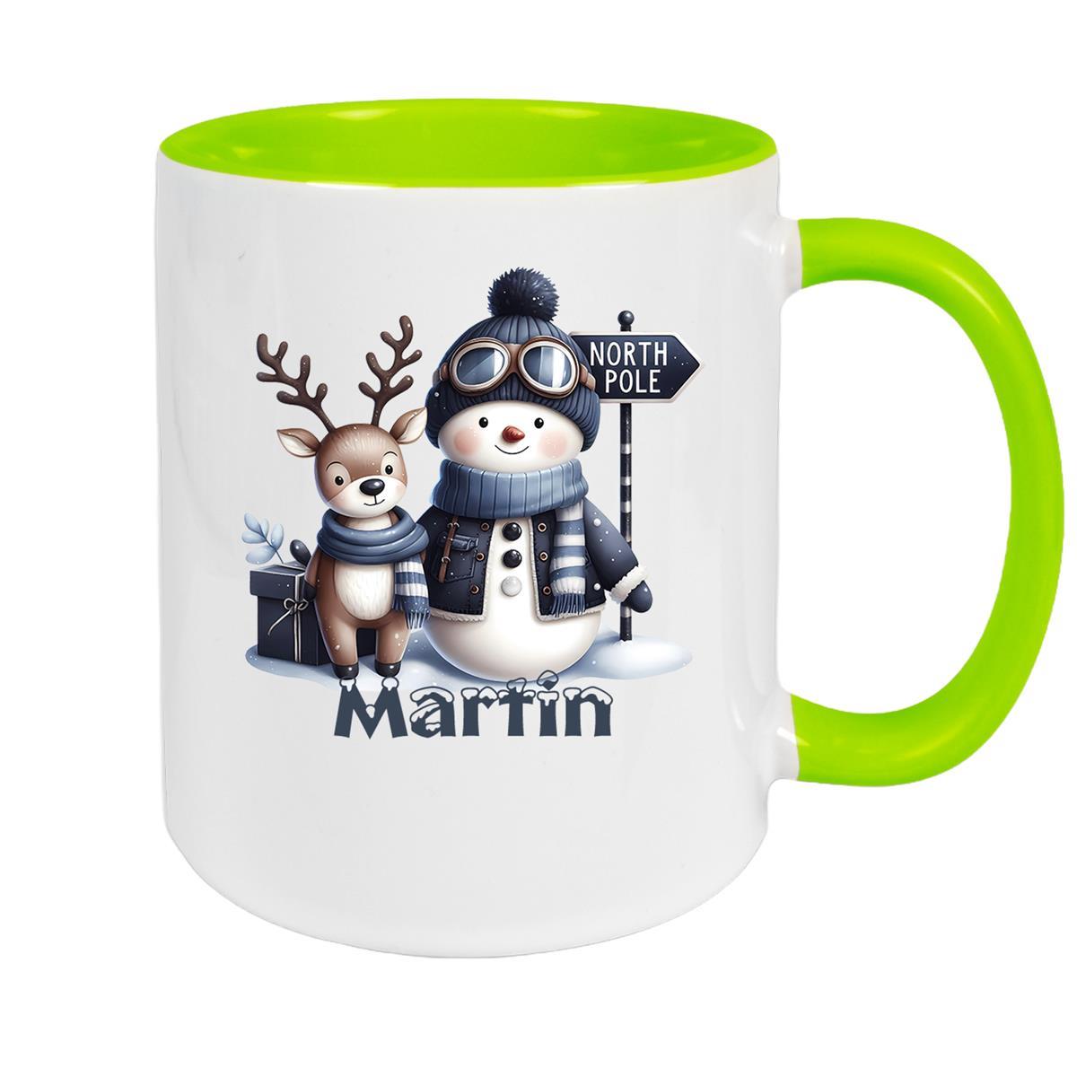 MUCKKI-PRO:1fb6be936c8c4adf5a570e8f26cc3a4dd8e556317549e8061d9d6ca05058c9c8:Tasse Wunschname Weihnachten Schneemann 5 Keramik Kinderbecher – Grün