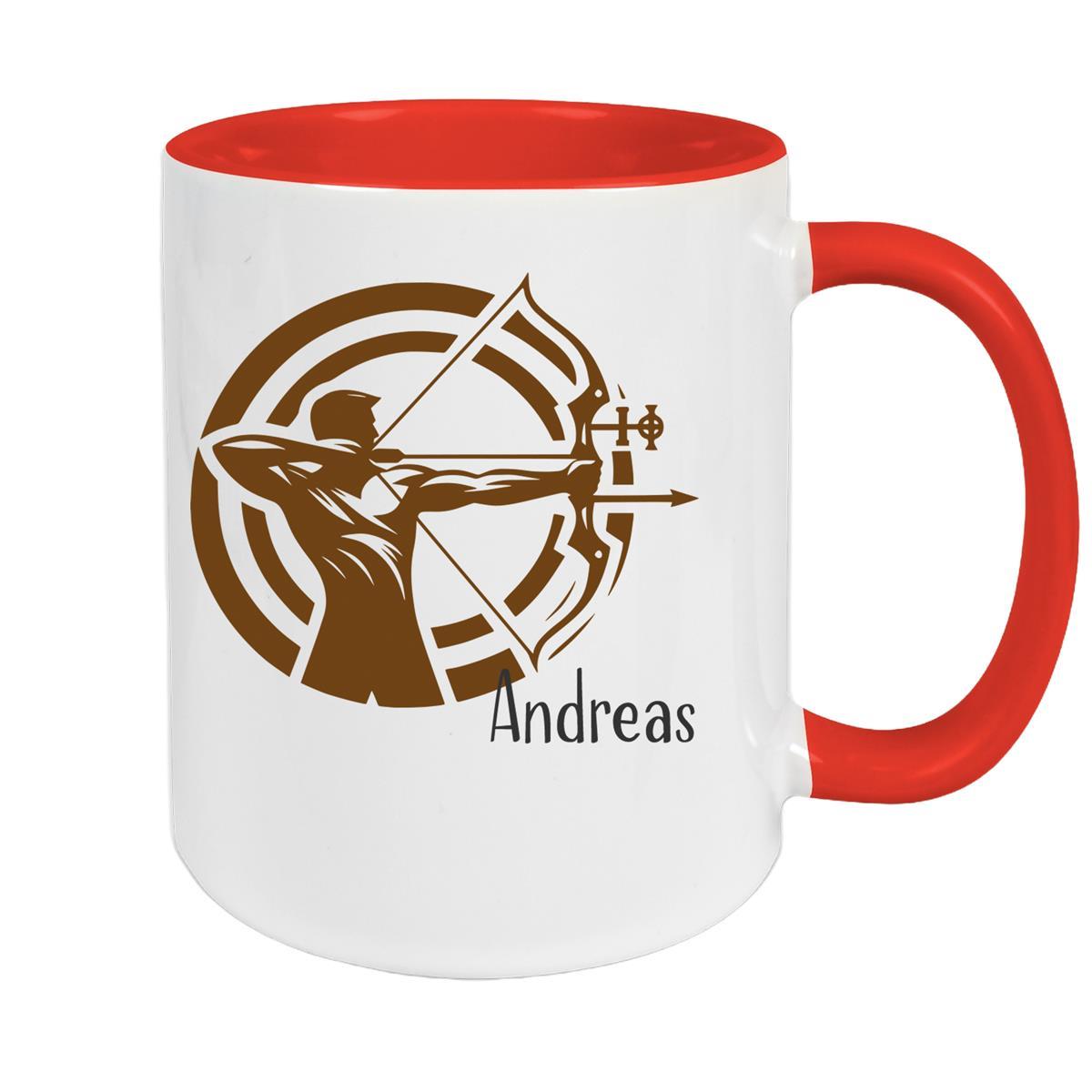 MUCKKI-PRO:fa62d6c0461506bd94a3a339bc1fe5075b61296a65397840ce2cb9e8544c096c:Tasse Bogenschütze 2 Wunschname Keramik personalisiert – Rot
