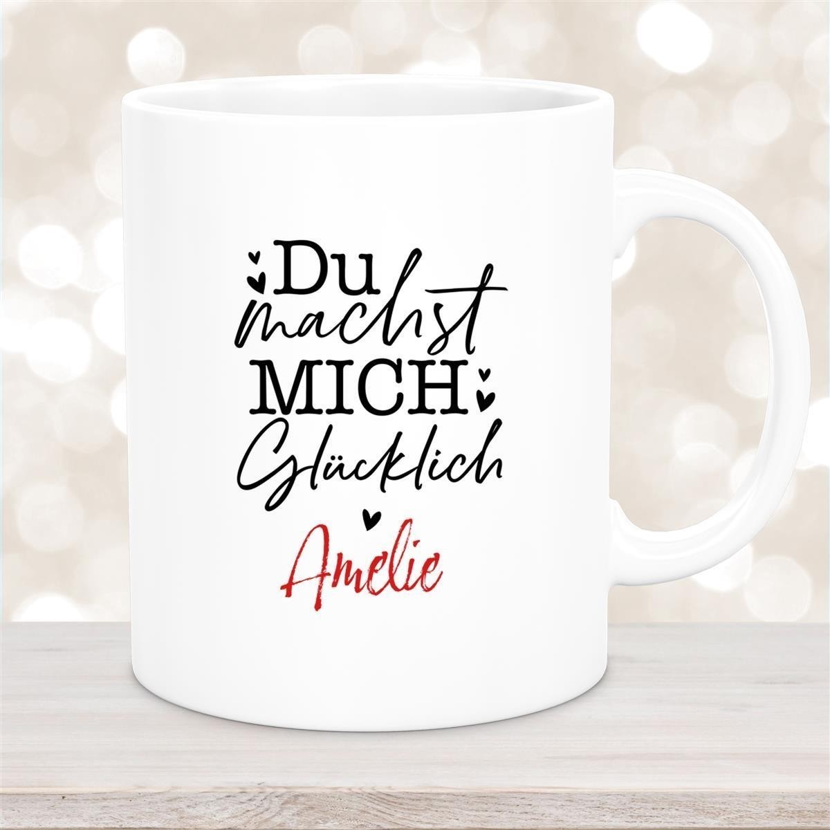 Tasse Liebe - Spruch "Du machst mich glücklich" Valentinstag Wunschnamen Keramik personalisiert Weiß Tasse Liebe - Spruch "Du machst mich glücklich" Valentinstag Wunschnamen Keramik personalisiert Weiß
