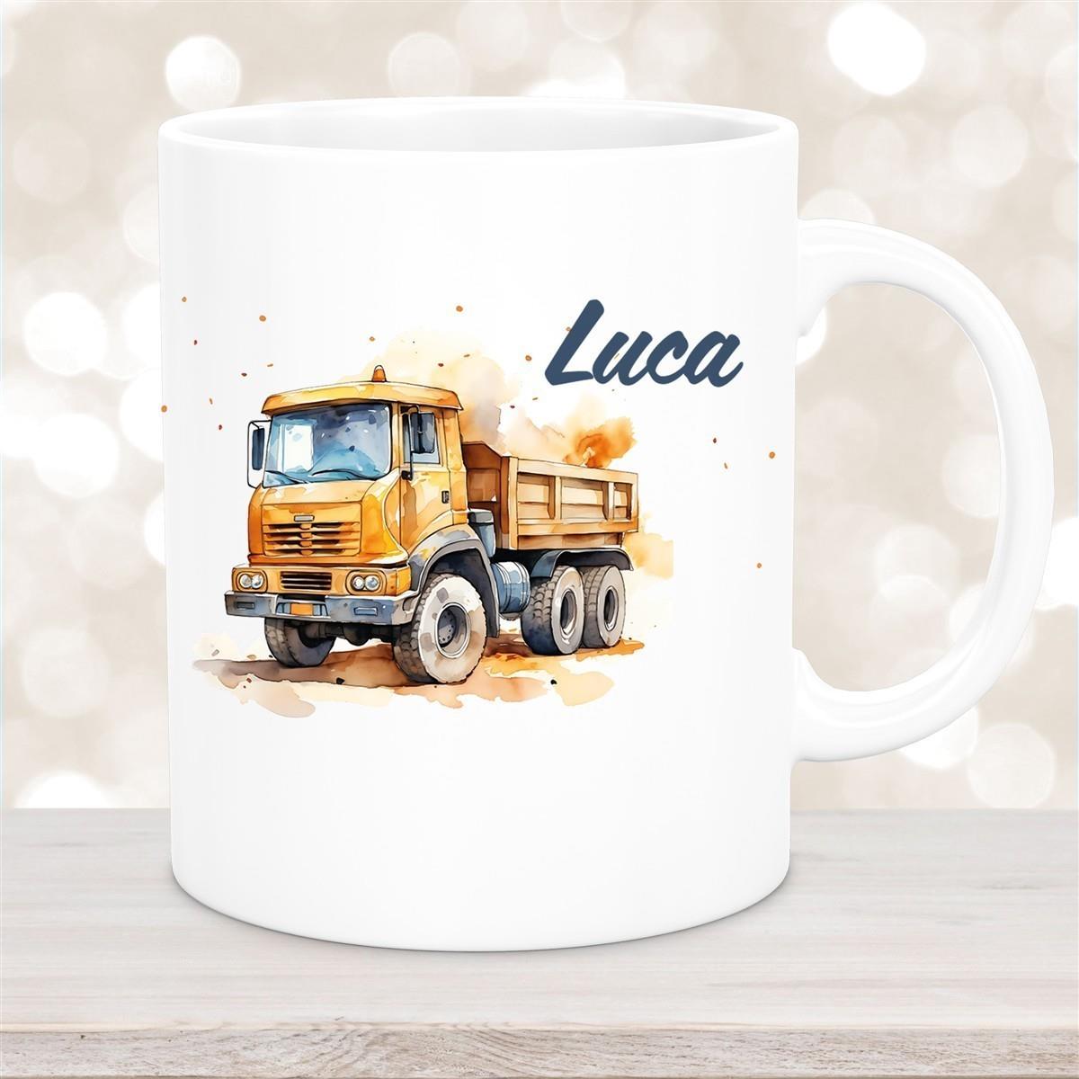 Tasse Wunschname Baustelle Kipper Keramik Kinderbecher versch. Farben