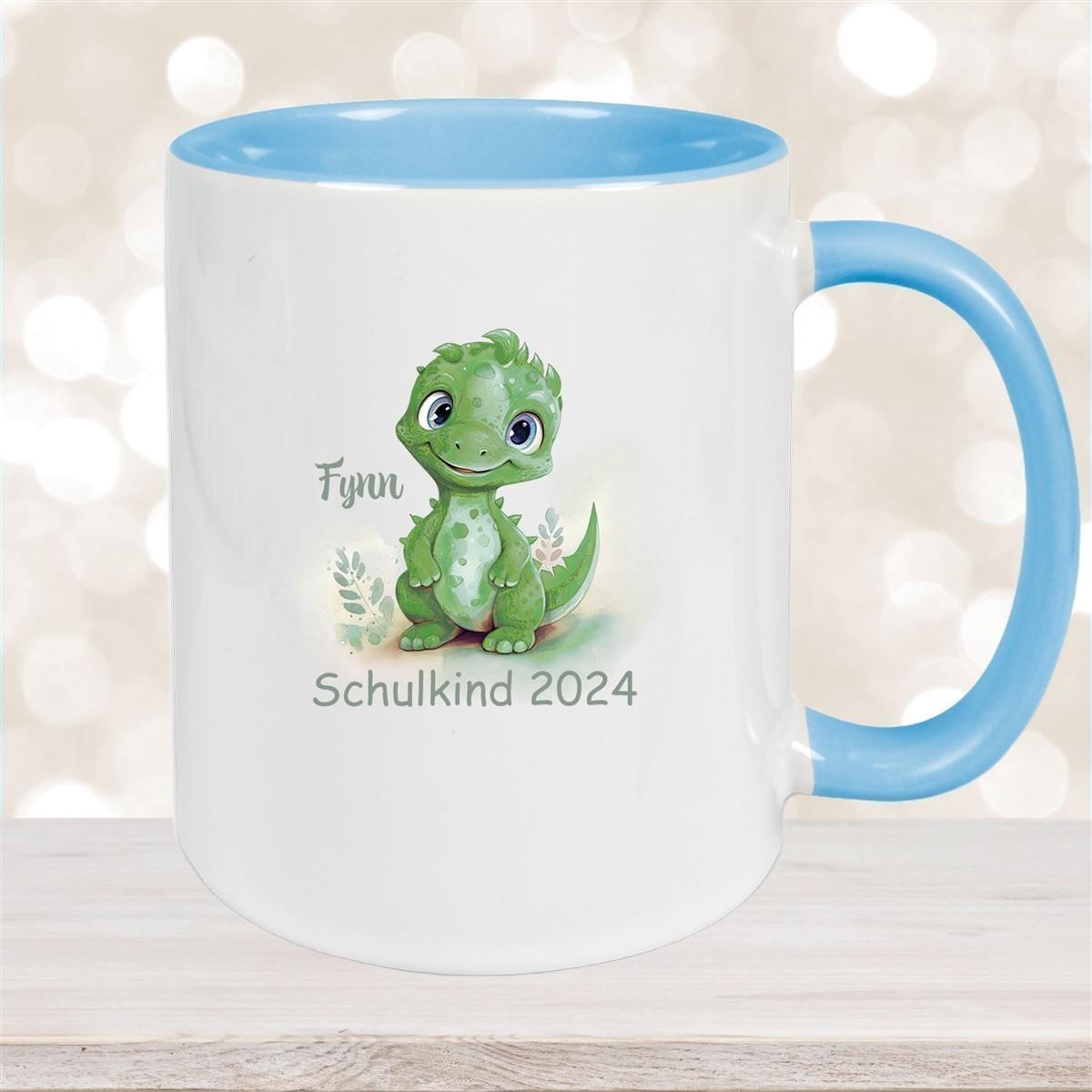Tasse Schulkind 11 Wunschname Dino 2 Keramik Kinderbecher Personalisiert versch. Farben