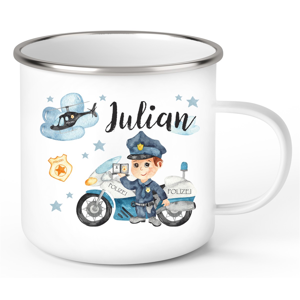 Tasse Polizei 2 Wunschname Emaille Kinderbecher personalisiert