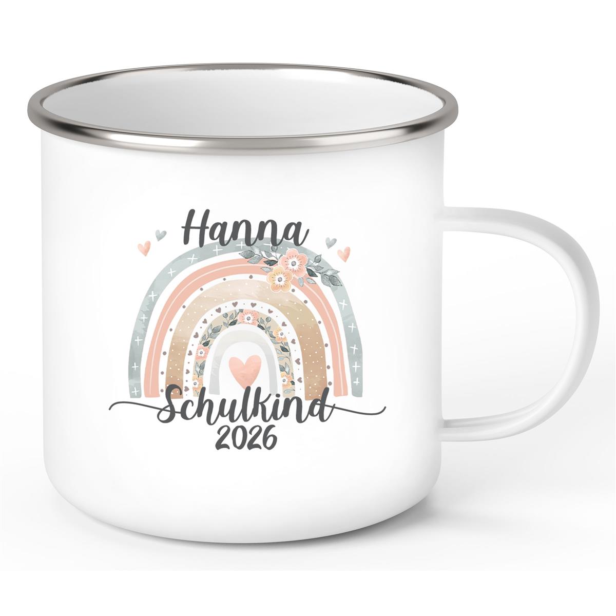 Tasse Schulkind 06 Wunschname Rainbow Emaille Kinderbecher Personalisiert
