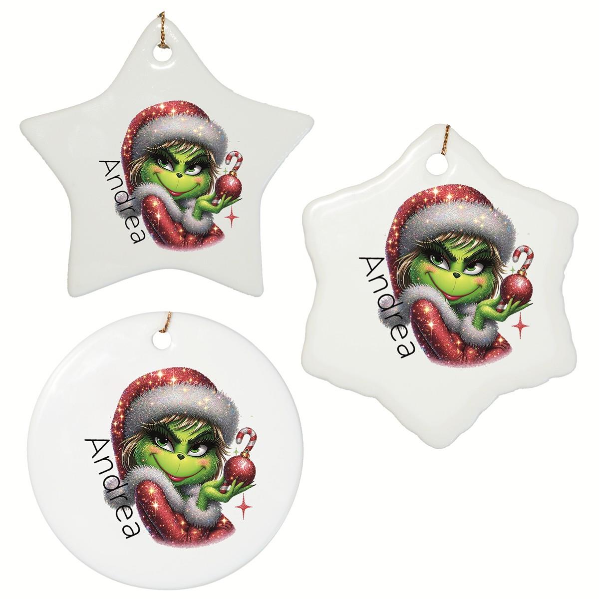 Weihnachtsanhänger personalisiert Lady-Grinch 3 Name Motiv Anhänger Keramik, Weihnachtsschmuck, Weihnachtskugel, Christbaumschmuck versch. Formen