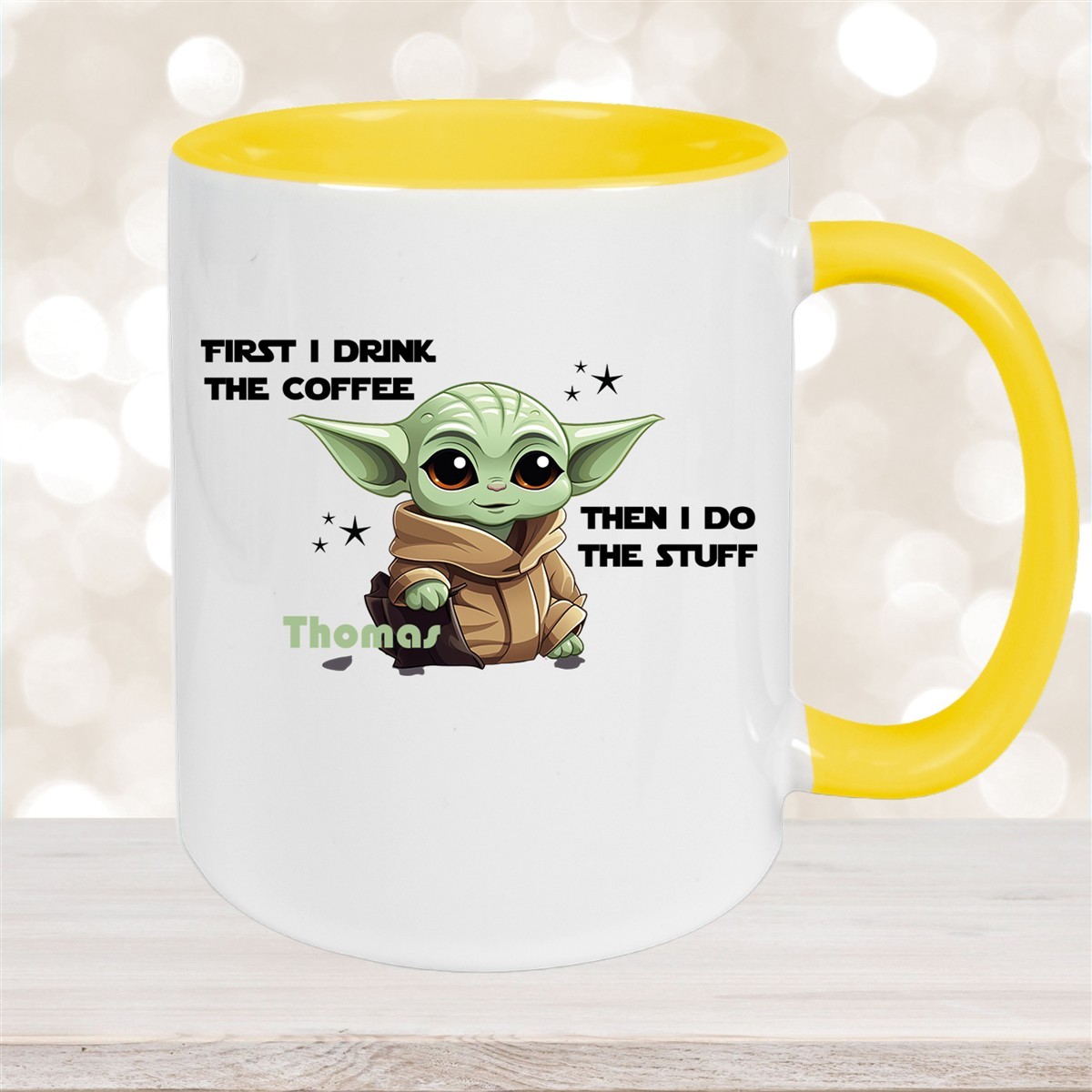 Tasse Wunschname Baby-Yoda #2 Keramik Kinderbecher personalisiert versch. Farben Gelb